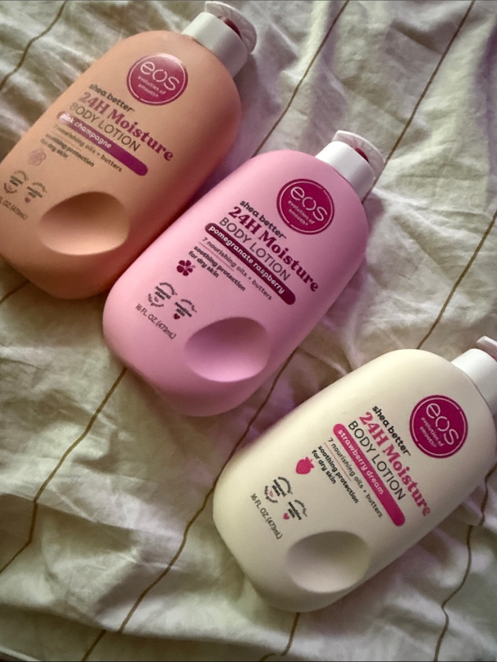 eos 24H Moisture Body Lotion Trio - Pink, Peach, Cream Bottles